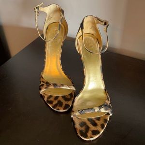 Leopard Print Ankle Strap High Heel Sandals - Gold Insole